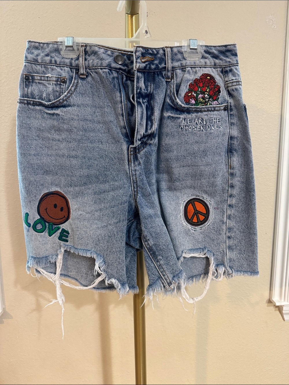 Forever 21 Light Blue Distressed Denim Jean Shorts with Patch Appliques